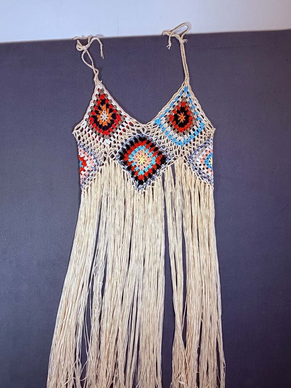Women’s XL Crochet Granny Square Fringe Top Boho 70s Festival Hippie Western
